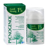 Pycnogenol Geeli Strong 1 %; pakkaus ja pullo tekstillä "Pycnogenol Geeli Strong 1% Maritime Pine Bark Extract Gel", 50 ml, vihreä-valkoinen pakkaus puukuvituksin sekä suomen- ja englanninkielisin tekstein männynkuoriuutteen hyödyistä; molemmissa groteskityyppografia; valkoinen tausta, tuote pystyssä, ei ihmisiä; mattapintaiset molemmat osat; laaja, keskitetty kuva.