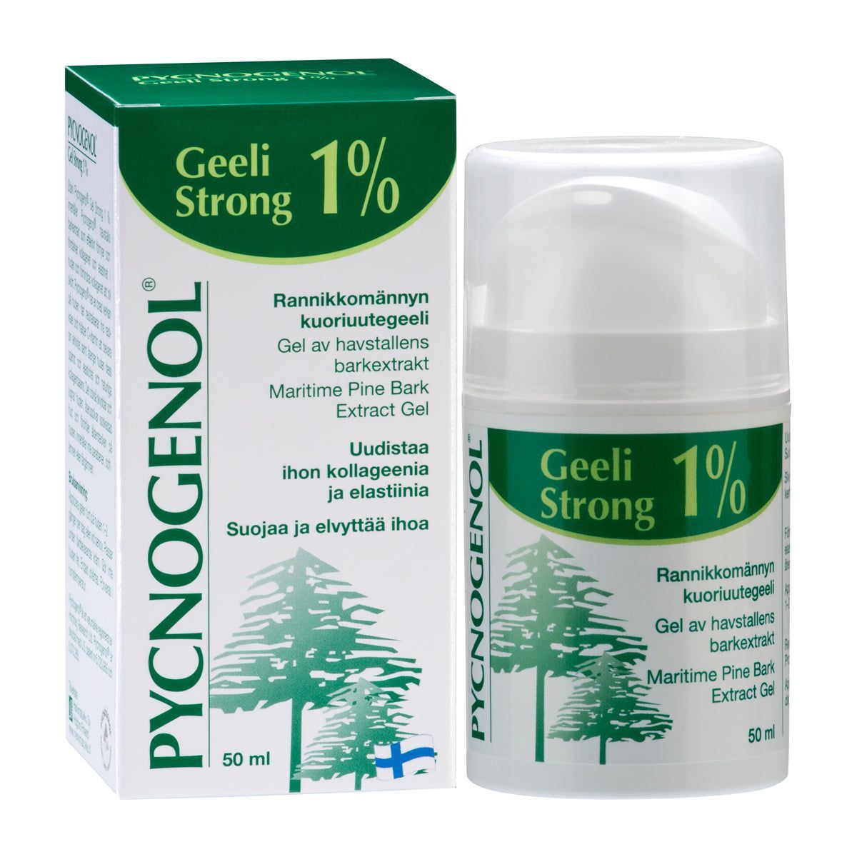 Pycnogenol Geeli Strong 1 %; pakkaus ja pullo tekstillä "Pycnogenol Geeli Strong 1% Maritime Pine Bark Extract Gel", 50 ml, vihreä-valkoinen pakkaus puukuvituksin sekä suomen- ja englanninkielisin tekstein männynkuoriuutteen hyödyistä; molemmissa groteskityyppografia; valkoinen tausta, tuote pystyssä, ei ihmisiä; mattapintaiset molemmat osat; laaja, keskitetty kuva.