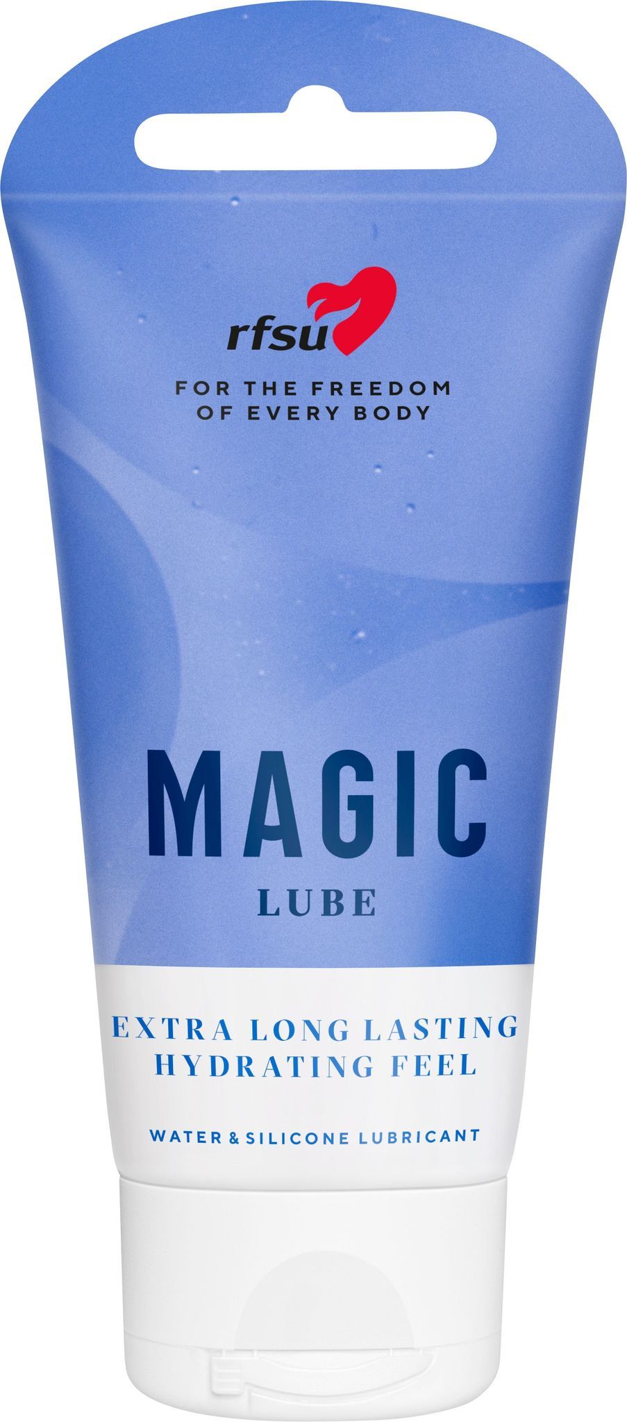 RFSU Magic Lube Liukuvoide: tuubi tekstillä "RFSU Magic Lube" sinisellä designilla, merkitty "Extra Long Lasting Hydrating Feel" ja ainutlaatuinen vesi- ja silikonipohjainen liukuvoidekaava; tuubi seisoo pystyssä puolikiiltävää muovia valkoisella läppäkorkilla; kirjasin on lihavoitua groteskia valkoisella ja sinisellä; ei ihmisiä tai käsiä näkyvissä, tuote keskitetty yksinkertaista taustaa vasten.