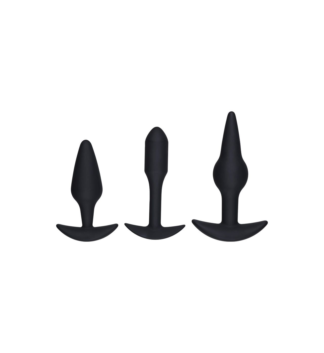 Three black silicone anal plugs of varying shapes and sizes are displayed upright against a plain white background. The surface is matte without visible seams or text. Each plug has a flared base, with differences in contour and length. There is no packaging, typography, or additional objects present. The shot is a front-facing studio product photo with even lighting; no people or hands are shown.