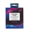 A box labeled Pleasure Plugs Butt Plug Training & Pleasure Set with vibrant blue and purple accents and the RFSU logo, featuring a set of three silicone plugs in different shapes and sizes for comfortable training and pleasure. The box has matte finish, sans-serif white text, and product images on the front. Packaging is rectangular with sharp corners. No people or hands visible; background is plain white.