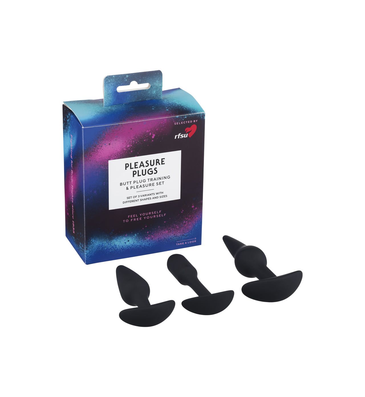 A box labeled “Pleasure Plugs” with plain black sans serif text is displayed on a solid white background. In front are three smooth, matte-finish black silicone butt plugs, each a different size but sharing a tapered shape with wide circular bases. The shot is evenly lit and shows no people or hands. A box labeled Pleasure Plugs is displayed on a white background, accompanied by three sleek black silicone butt plugs of varying sizes.