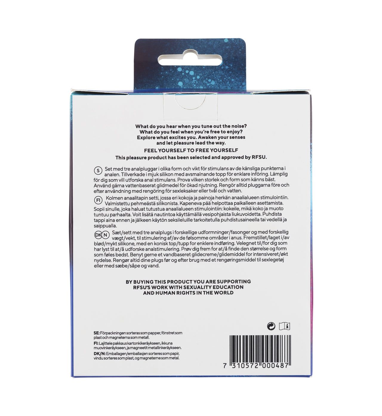 Back of a rectangular product box with white matte surface and black printed text. Sans-serif type is used for all content. Box features blocks of smaller and larger font sizes. Back of a product box with text explaining the product, its use, and support for RFSU’s work in sexual education and human rights. A barcode and instructions in multiple languages are also visible, highlighting the importance of accessibility. No people or hands present; plain background; standard product photo angle showing full