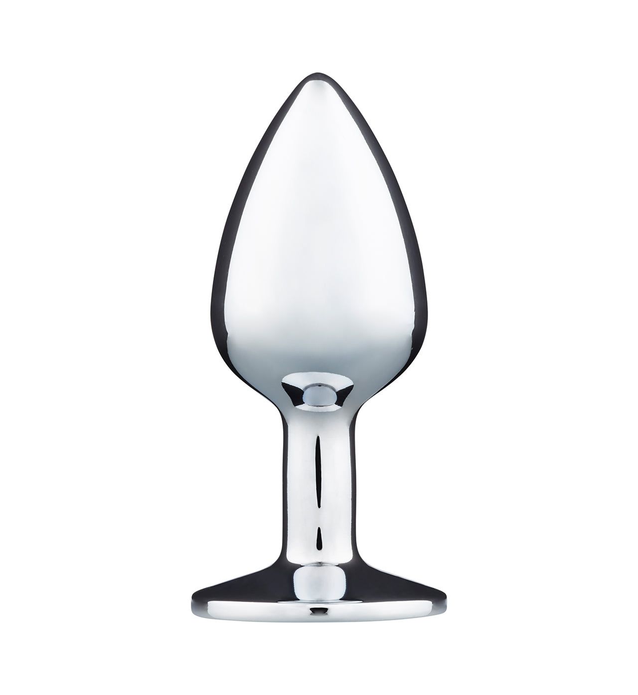 A shiny, metallic, teardrop-shaped object with a flared base stands upright against a white background, reflecting light in smooth curves. Product type not specified; color is silver; material is metal; surface finish is glossy and reflective; no visible packaging or label text. No typography. No people or hands present. Studio shot.