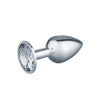 A silver metal anal plug with a tapered tip and a clear, round gemstone at the base, displayed on a white background. Product is glossy and reflective with no visible branding or text. No packaging, people, or hands are present; item rests directly on the seamless background in a centered product shot.
