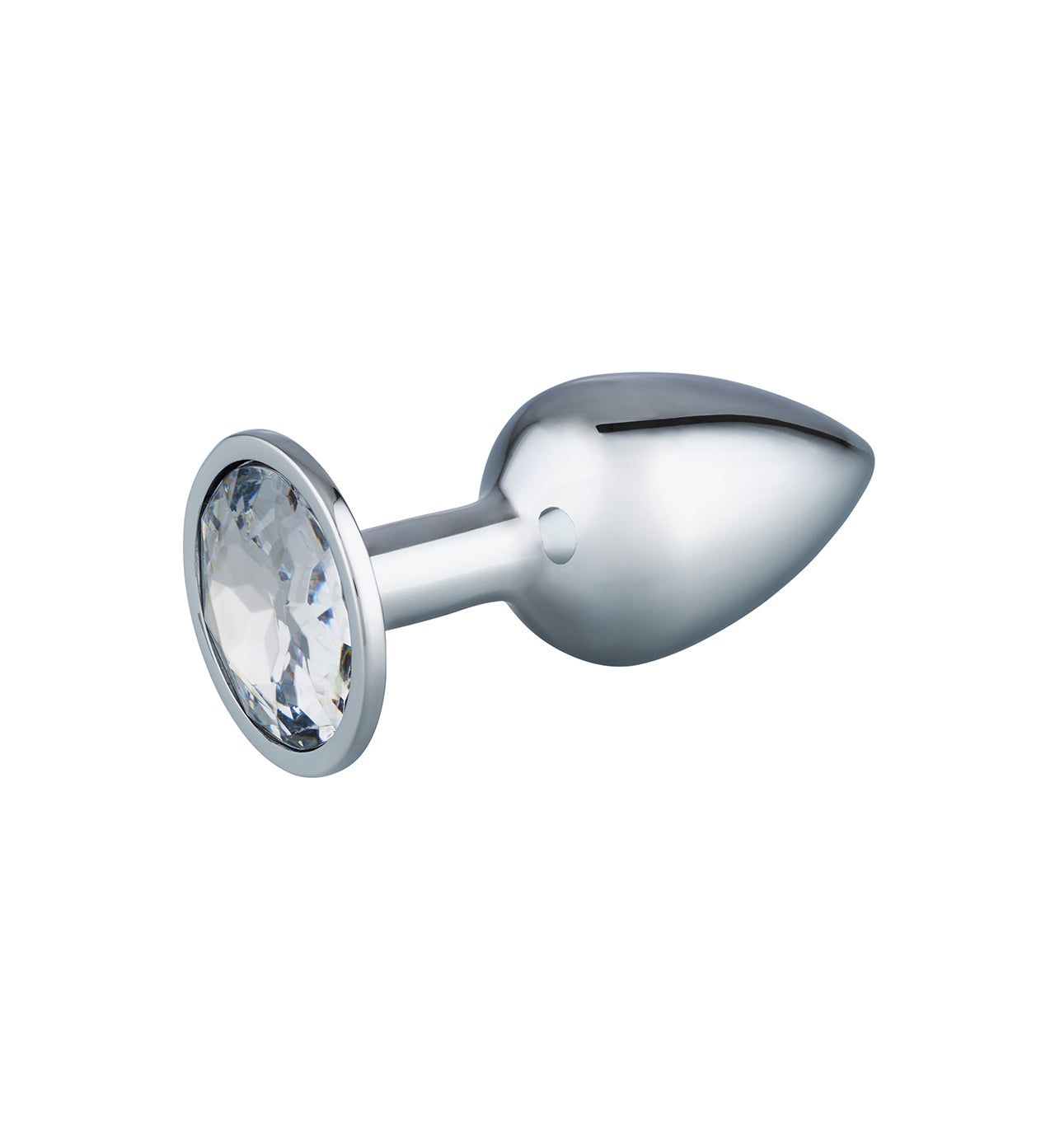 A silver metal anal plug with a tapered tip and a clear, round gemstone at the base, displayed on a white background. Product is glossy and reflective with no visible branding or text. No packaging, people, or hands are present; item rests directly on the seamless background in a centered product shot.