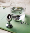 A glass of water and a small, shiny metal object rest on top of a green book featuring a blurred image of a person on the cover, their reflections catching the light. The book has a matte cover with no legible text visible. The objects are placed on the closed book, set against an indistinct background. There are no people or hands in the shot.