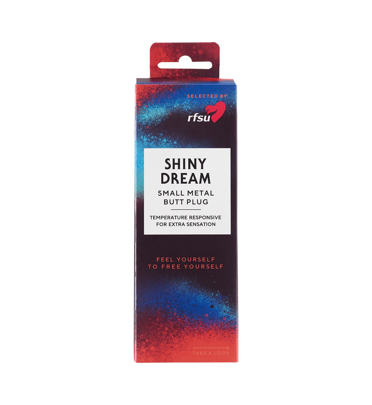 Rectangular box labeled Shiny Dream Small Metal Butt Plug. The packaging features a red, blue, and black gradient with white text and the RFSU logo at the top. The box is shown upright against a plain background in a standard product shot. No people or hands are present. Legible label includes product name only once. Rectangular box labeled Shiny Dream Small Metal Butt Plug. The packaging features a striking red, blue, and black gradient design with white text and the RFSU logo at the top. This sleek small