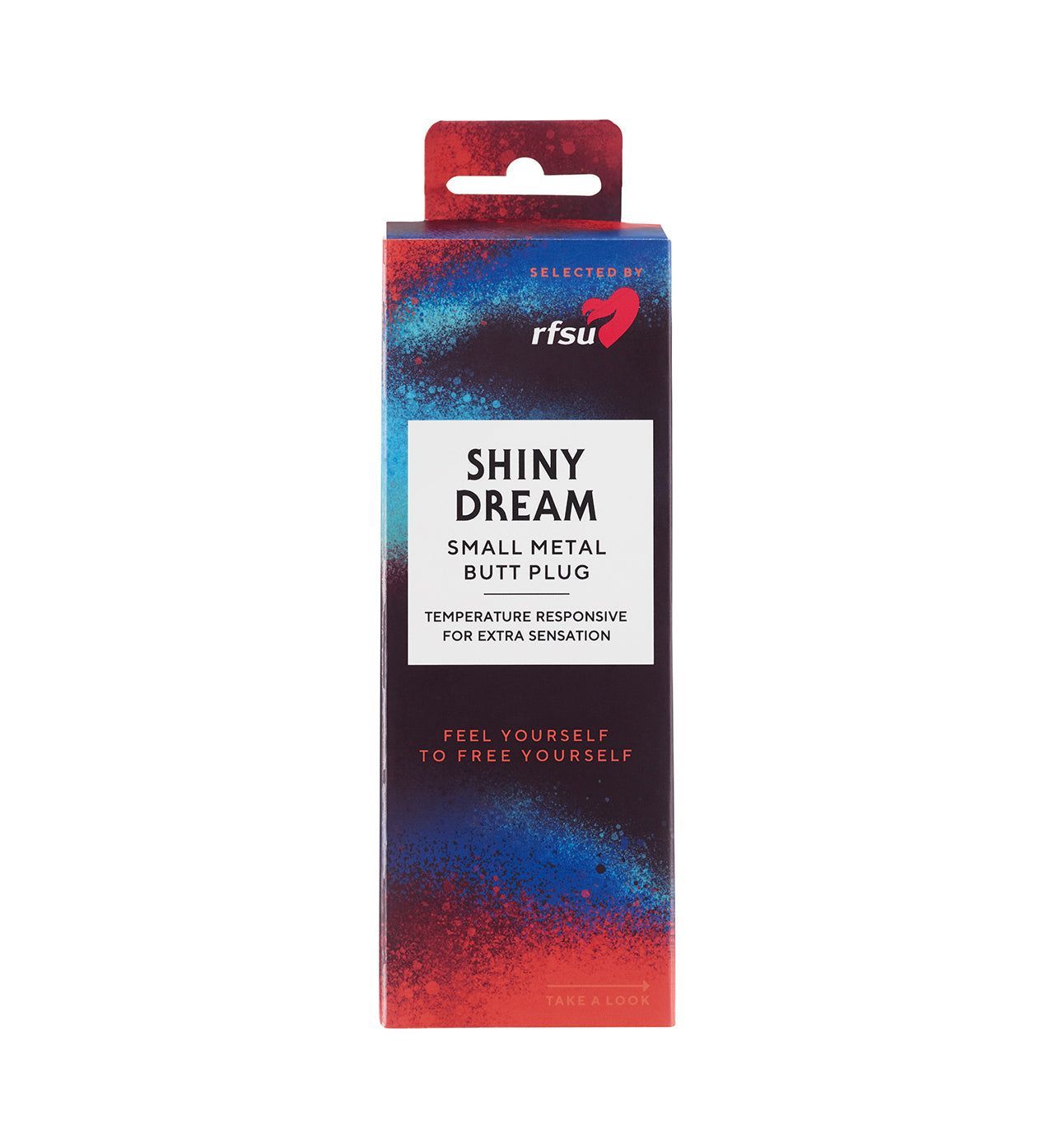 RFSU Shiny Dream Anaalitappi; suorakulmainen laatikko tekstillä "Shiny Dream Small Metal Butt Plug"; pakkauksessa puna-sini-mustaa liukuväriä, valkoista tekstiä ja RFSU-logo yläosassa; laatikko pystyssä neutraalia taustaa vasten tavanomaisessa tuotekuvassa; ei ihmisiä tai käsiä, tuotenimi mainittu kerran.