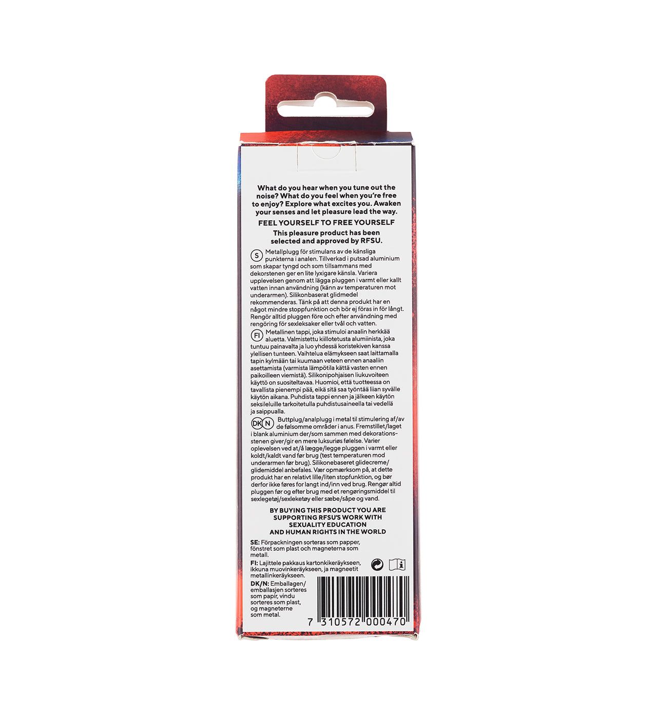 The image shows the back of a rectangular product box with text describing the contents and usage instructions. The box is made of glossy cardboard, with one side red and the other blue, and has both a barcode at the bottom edge and a die-cut hanging tab at the top center. Sans-serif fonts are used for all printed text. The background is plain white, shot is straight-on, no people visible.