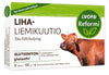 A box of Liha-Liemikuutio (meat bouillon cubes) featuring a cow illustration, green organic and gluten-free labels, with Finnish and Swedish text highlighting its organic ingredients. The box is rectangular with a matte finish and predominantly green color. Bold sans-serif typography is used for product name and ingredient claims. No people or hands present. Plain background, frontal product shot.