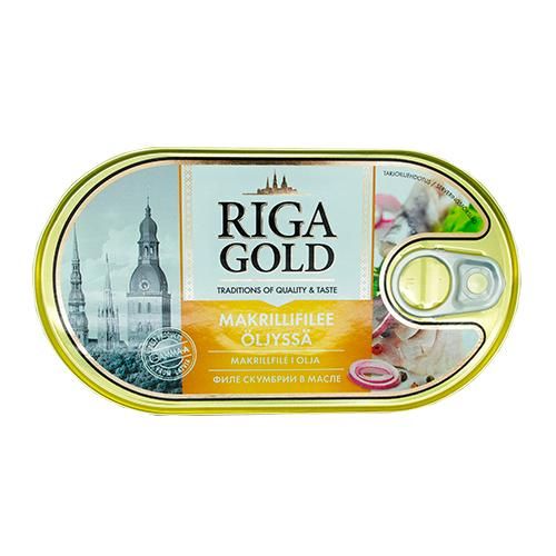 A can of Riga Gold mackerel fillets in oil, featuring an easy-open pull tab and images of Riga landmarks on the label. The oval-shaped metal can has a matte finish with yellow and gold accents. Sans-serif and serif text styles are used on the label, which includes visible product name and description. The product is photographed against a plain white background, no people or hands are present.