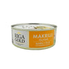 A can of Riga Gold mackerel in oil with an orange and white label, featuring multilingual text and images of fish. Cylindrical metal can with a pull tab lid, glossy surface finish. The label uses bold sans-serif and serif typefaces in black and gold. No people or hands visible. The background is a plain white studio setting in a centered product shot.
