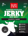 Package of Riipisen Naudan Kuivaliha Beef Jerky, smoked flavor. Rectangular pouch with green and black color blocks, matte finish. Finnish text and icons indicating gluten-free, no additives, lactose-free, high protein. Label shows weight as 40g and origin as Finland. Simple sans-serif font for main product text. No people or hands present; package photographed against a plain background in a studio shot.