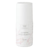 A white roll-on deodorant bottle with a rounded cap, made of plastic and finished in matte, displays printed text “Jasmiini Deodorantti 50 ml” along with “Saaren Taika Ecolution.” The label includes minimal pink grass illustrations. Sans-serif typography is used for the main information. The product stands upright against a uniformly light, smooth background.