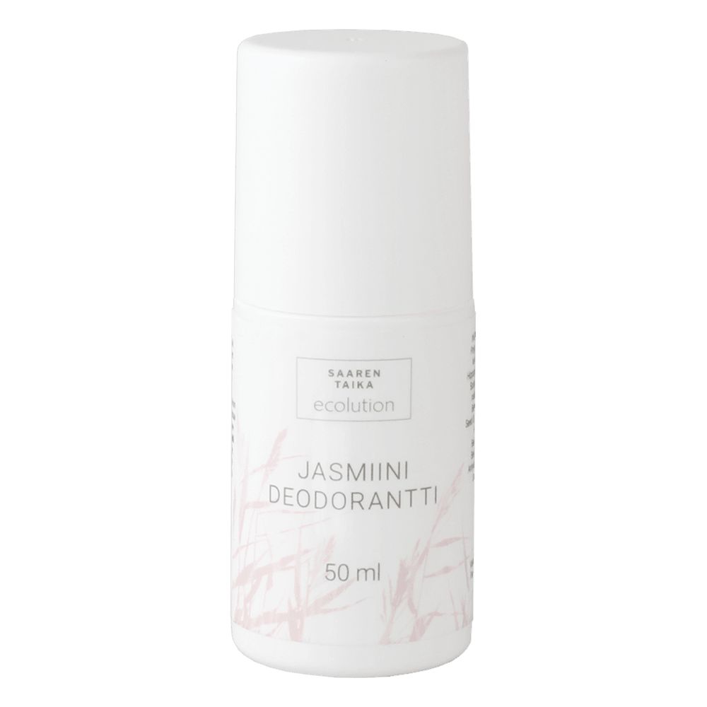 A white roll-on deodorant bottle with a rounded cap, made of plastic and finished in matte, displays printed text “Jasmiini Deodorantti 50 ml” along with “Saaren Taika Ecolution.” The label includes minimal pink grass illustrations. Sans-serif typography is used for the main information. The product stands upright against a uniformly light, smooth background.