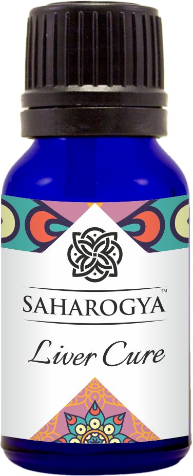 A blue glass bottle with a glossy surface, cylindrical in shape, and topped with a black ribbed plastic cap. The front label reads “Saharogya Liver Cure” in bold sans-serif type and displays geometric decorative patterns. No other objects, people, or hands are present. Image shot against a plain white background. A blue glass bottle labeled Saharogya Liver Cure features decorative patterns on the label and a black ribbed cap, emphasizing its liver care benefits.