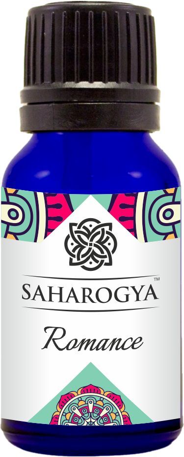 Saharogya Eteerinen Öljysekoitus Romance; sininen lasipullo, jonka etiketissä lukee SAHAROGYA Romance ja on tyylikäs värikäs kuviointi, musta kierrekorkki; lieriömäinen kiiltäväpintainen pullo; etiketissä antiikva- ja pääteviivatonta tekstiä valkoisella ja kullalla monivärisellä taustalla; valkoinen tausta, keskitetty tuotekuva, ei ihmisiä tai käsiä.