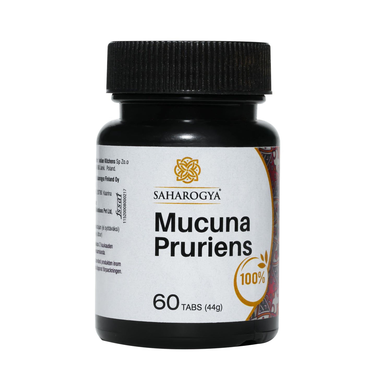 A black bottle labeled Saharogya Mucuna Pruriens 100% with a gold emblem and 60 tablets (44g) indicated. Cylindrical plastic container with a matte finish, fitted with a black screw cap. Decorative gold pattern borders the label edges. Text is printed in bold, sans-serif lettering. The product is photographed against a plain white background with no visible people or objects.