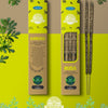 Two boxes of organic Arruda and Ruda incense sticks displayed on a yellow-green surface, with three natural incense sticks partially out of one box. Boxes have rectangular cardboard packaging with a matte finish and printed labels reading “Arruda” and “Ruda” in bold, clear type. Decorative green leaves are placed in the background. No people or hands are visible; the shot is top-down.