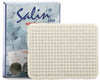 A rectangular white filter with a grid pattern is positioned in front of a Salin Plus product box, which features a blue and white design and highlights medals and awards for its quality. The box shows bold sans-serif text including “Salin Plus” in blue, printed labels, matte finish on packaging, images of gold-colored medal graphics. Close-up shot on plain white background. No people visible.