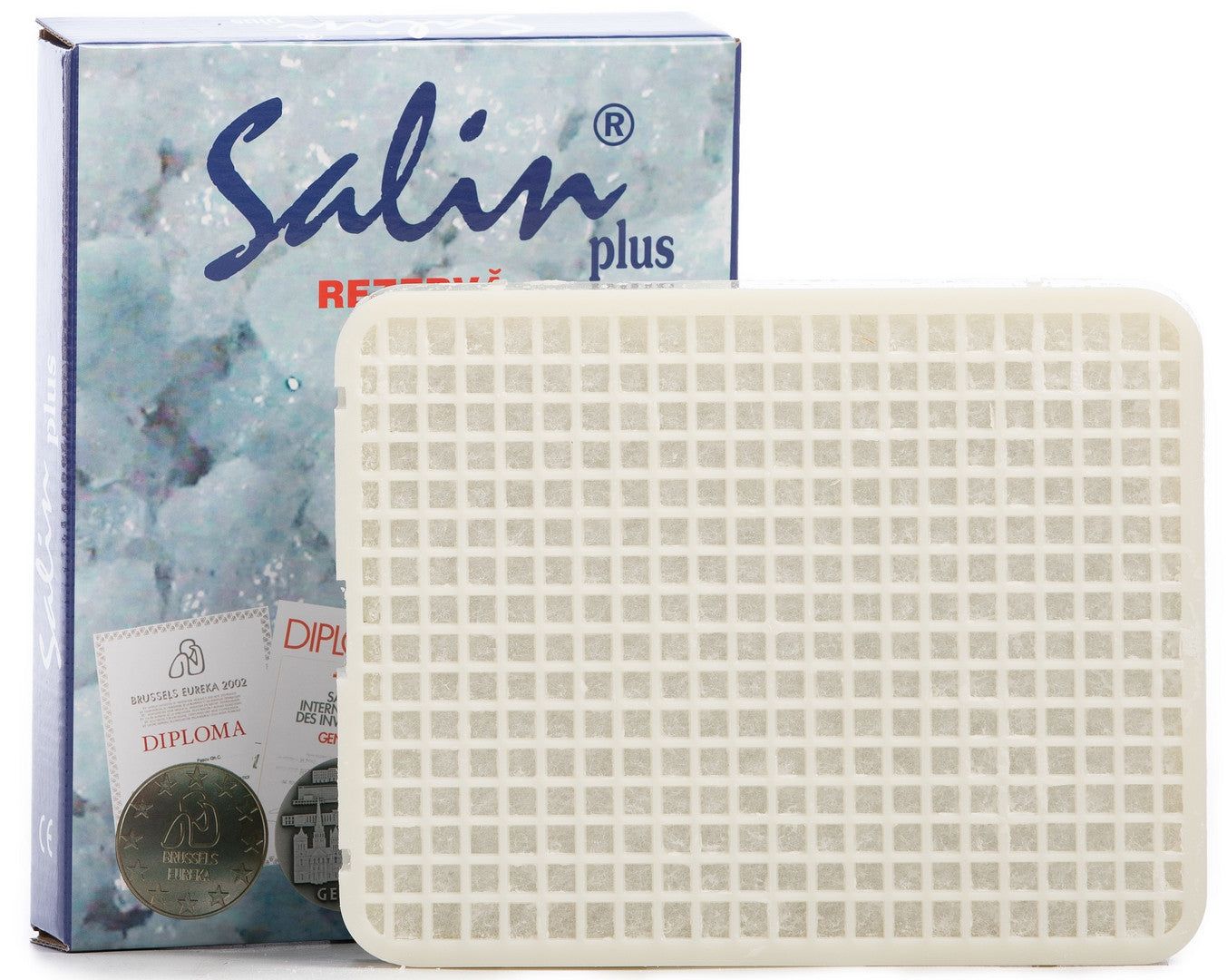 A rectangular white filter with a grid pattern is positioned in front of a Salin Plus product box, which features a blue and white design and highlights medals and awards for its quality. The box shows bold sans-serif text including “Salin Plus” in blue, printed labels, matte finish on packaging, images of gold-colored medal graphics. Close-up shot on plain white background. No people visible.