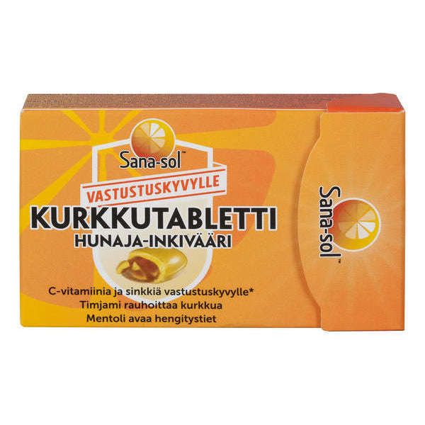 A box of Sana-sol Kurkkutabletti lozenges in honey-ginger flavor, featuring Finnish text that highlights vitamin C, zinc, thyme, and menthol for immune support and soothing the throat. The orange and yellow package design incorporates a refreshing herbal twist. Rectangular glossy cardboard box with curved accents, white bold sans-serif product name, smaller curved Finnish text beneath. Clean studio background; no people or hands.