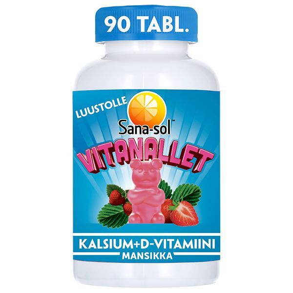 Sana-sol Vitanallet Kalsium+D-vitamiini, mansikanmakuiset; kirkas sylinterinmuotoinen muovipullo, sisällä näkyviä vaaleanpunaisia karhunmuotoisia pastilleja; etiketti sininen ja kiiltävä, teksti valkoisella ja keltaisella suomeksi; korkki keltainen; vierellä kiiltävä pastillikarhuhahmo ja tuoreita mansikoita valkoisella taustalla; ei ihmisiä tai käsiä, lähikuva.