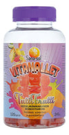 A bottle of Sana-sol Vitanallet Tutti Frutti multivitamin gummies, featuring colorful fruit images and a large orange gummy bear illustration on the label, which is in Finnish. The bottle is clear plastic with a purple, ribbed plastic cap. The label uses bold sans-serif typography and includes numbers “120” and “240g”. There are no people or hands visible. The shot is front-facing with a plain background.