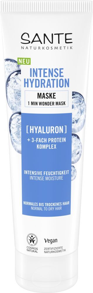 Sante Intense Hydration Hiusnaamio; tuubi normaaleille tai kuiville hiuksille tarkoitettua hyaluronilla ja ravitsevalla kolminkertaisella proteiinikompleksilla rikastettua 1 minuutin ihmenaamiota; pakkaus on valkoinen mattapinnalla sinisin vesikuplakuvituksin; vegaanisertifiointilogo näkyvissä; groteskitypografiaa eri painoin; tausta yksivärinen valkoinen, ei ihmisiä tai esineitä näkyvissä; kuva suoraan edestä.