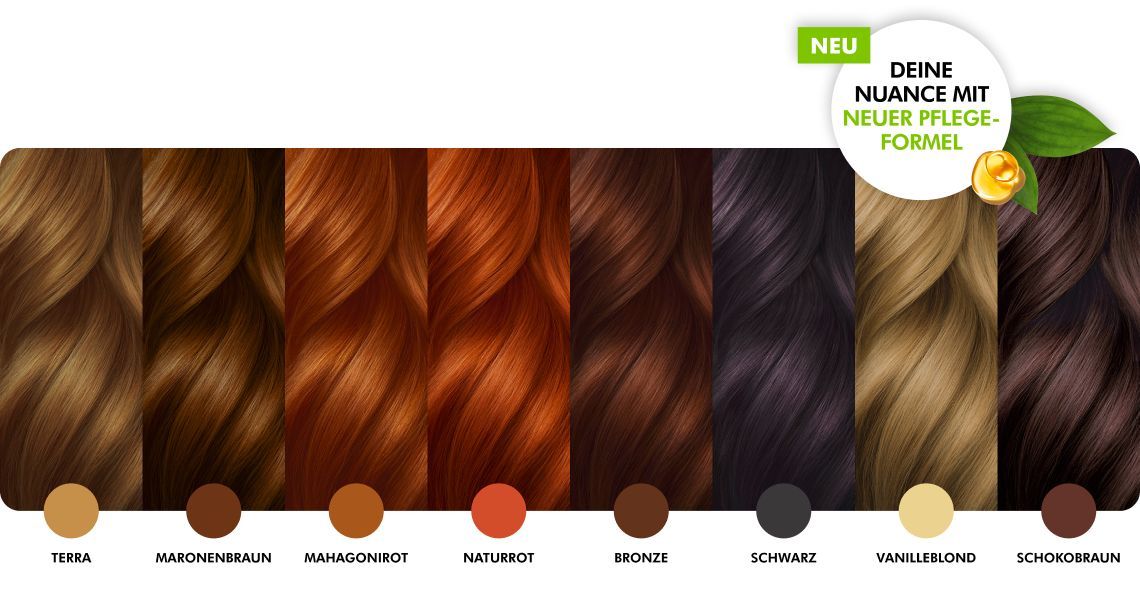 Sante Kasvihiusväri Vanilla Blonde; kahdeksan hiusvärinäytettä vaaleanruskeasta mustaan, merkitty Terra, Maronenbraun, Mahagonirot, Naturrot, Bronze, Schwarz, Vanilleblond ja Schokobraun, saksankielinen teksti korostaa uutta hoitokaavaa; suorakulmaiset näytteet riveissä mattapinnalla; lihavoitu groteskitypografia merkinnöissä; tausta yksivärinen valkoinen, ei ihmisiä tai käsiä näkyvissä.