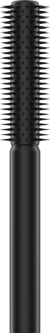 Sante Mini Makes Mega Mascara; musta ripsiväriharja lieriömäisellä sivellinosalla, peitetty lyhyin ja tasavälein aseteltuin harjaksin, jotka erottelevat ja muotoilevat ripsiä, pystyssä valkoista taustaa vasten; harjassa sileä musta kahva mattapinnalla; ei näkyvää pakkausta tai etikettitekstiä; asetelma yksinkertainen ilman muita esineitä tai ihmisiä kuvassa.