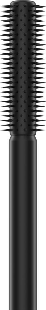Sante Mini Makes Mega Mascara; musta ripsiväriharja lieriömäisellä sivellinosalla, peitetty lyhyin ja tasavälein aseteltuin harjaksin, jotka erottelevat ja muotoilevat ripsiä, pystyssä valkoista taustaa vasten; harjassa sileä musta kahva mattapinnalla; ei näkyvää pakkausta tai etikettitekstiä; asetelma yksinkertainen ilman muita esineitä tai ihmisiä kuvassa.