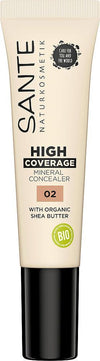 Sante Peitevoide; tuubi Sante High Coverage Mineral Concealer 02 -peitevoidetta luomu-shea-voilla ja mineraalipigmenteillä; pakkaus beige, sileä materiaali mattapinnalla, tavanomainen sylinterin muotoinen tuubi; mustaa groteskitekstiä etupuolella, BIO-symboli mukana; etikettiteksti selkeästi luettavissa; ei ihmisiä tai käsiä, tausta vaalea, tuote keskitettynä kuvaan.