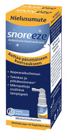 Snoreeze Nielusumute; rasia Snoreeze-kurkkusuihketta suomeksi, korostaen tehokkuutta päivittäisen kuorsauksen lievitykseen; sininen ja keltainen pahvirasia kiiltopinnalla, etupuolella valokuva suihkepullosta; lihavoitu valkoinen groteskikirjasin pääteksissä ja keskeisissä tiedoissa; ei ihmisiä tai käsiä, pakkaus pystyssä tasaista taustaa vasten yksinkertaisessa tuotekuvassa.