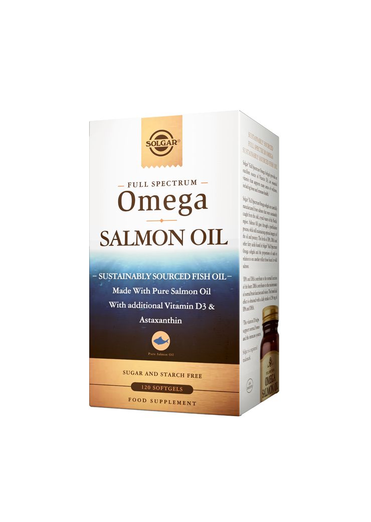 A box of Solgar Full Spectrum Omega Salmon Oil supplements, featuring sustainably sourced fish oil blended with vitamin D3 and astaxanthin. The 120 softgels are sugar and starch free. Placeholder for objective visuals: Rectangular cardboard box, glossy finish, brown base color with gold accents. “Solgar” logo in serif font at top, product name in large bold letters below. Text includes mention of ingredients, quantity (120 softgels), and “sugar & starch free.” No people or hands present; item is