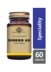 Solgar Ginkgo 60 -pullo, ruskea lasi, kultainen korkki, kiiltäväpinta; kermanvärinen etiketti kultareunuksin, "Ginkgo 60 (Ginkgo biloba)", "Speciality", 60 kapselia