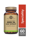 Solgar Green Tea Leaf Extract -pullo, ruskea lasi, matta kultainen kierrekorkki; punainen "Speciality"-laatikko oikealla, beige etiketti antiikva- ja groteskitekstein, Camellia sinensis mainittu, 60 kapselia