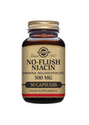 Solgar No-Flush Niasiini; ruskea lasipullo kultaisella metallisella kierrekorkilla ja kiiltäväpintaisena, lieriön muotoinen; etiketissä teksti "Solgar No-Flush Niacin (Inositol Hexanicotinate) 500 mg, 50 capsules, food supplement with inositol" antiikva- ja lihavoidulla groteskityyppografialla; pullo pystyssä valkoisella taustalla, ei ihmisiä tai käsiä.
