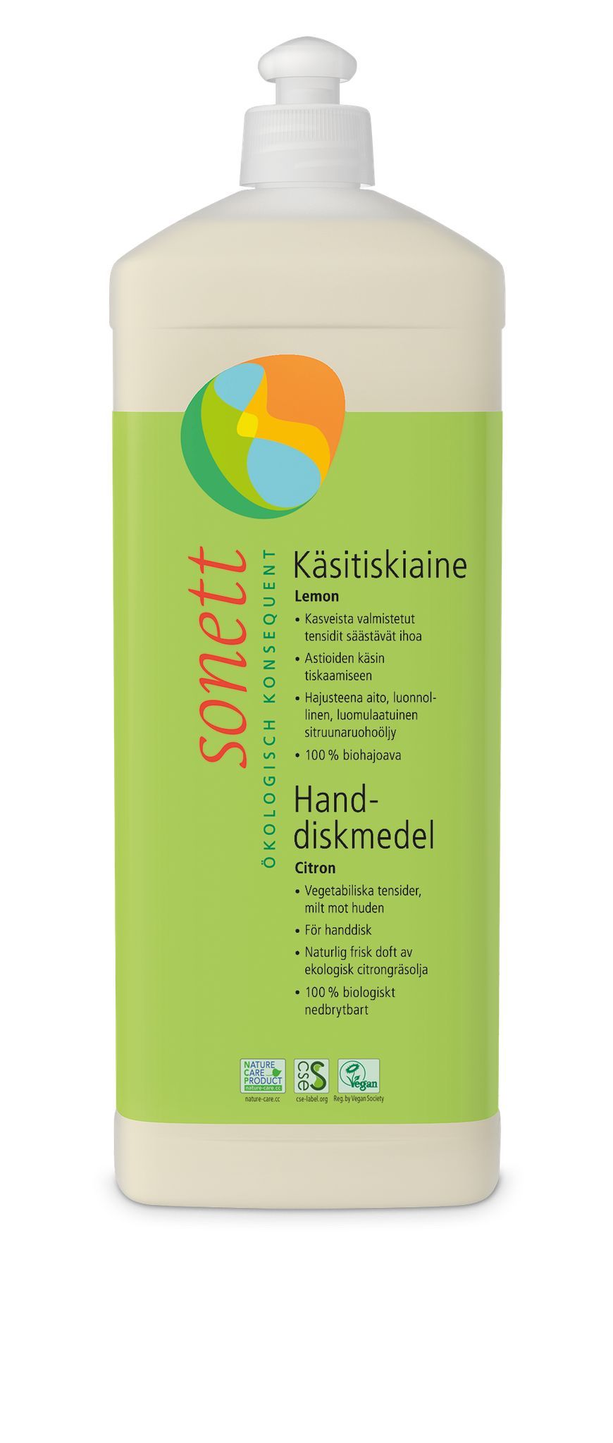 Sonett Käsitiskiaine Lemon; suuri läpikuultava muovipullo mattavihreällä etiketillä; etiketissä painettua tekstiä suomeksi ja ruotsiksi groteskifontilla sekä ympäristösertifikaattisymboleita alareunassa; suorakaiteen muotoinen etiketti, tavanomainen pullon muoto, ei näkyviä ihmisiä tai taustaelementtejä; studiotyylinen tuotekuva.