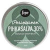 A round tin labeled Sopo Perinteinen PIHKASALVA 30%, a Finnish resin balm. The container is matte green with white and black text in clear, modern sans-serif font. The tin sits alone against a plain, light background. No people or hands are present. Label text is prominent at the center of the lid.