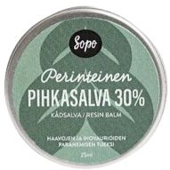A round tin labeled Sopo Perinteinen PIHKASALVA 30%, a Finnish resin balm. The container is matte green with white and black text in clear, modern sans-serif font. The tin sits alone against a plain, light background. No people or hands are present. Label text is prominent at the center of the lid.