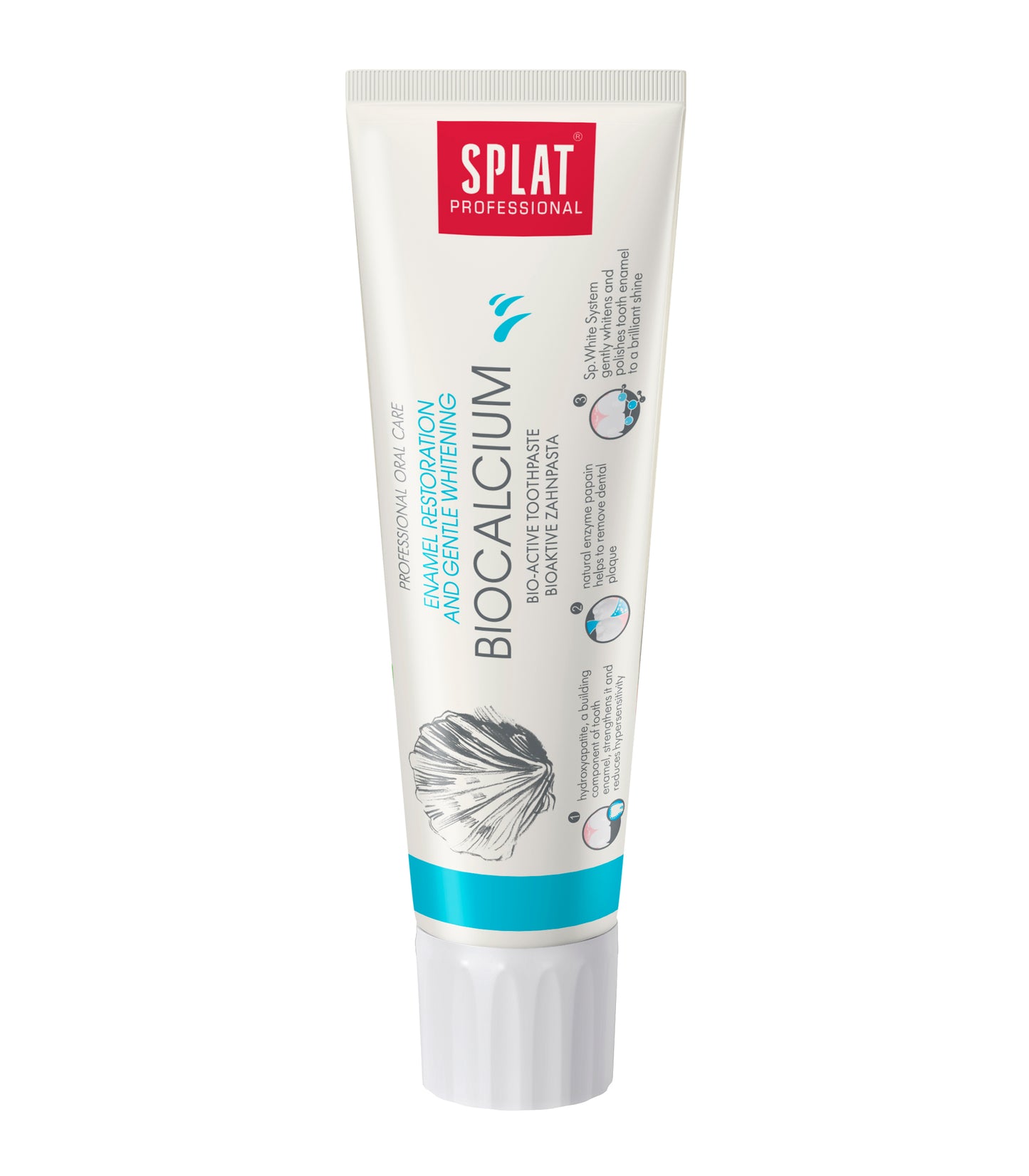 Valkoinen Splat Professional Biocalcium 100 ml -hammastahnatuubi turkoosilla korkilla