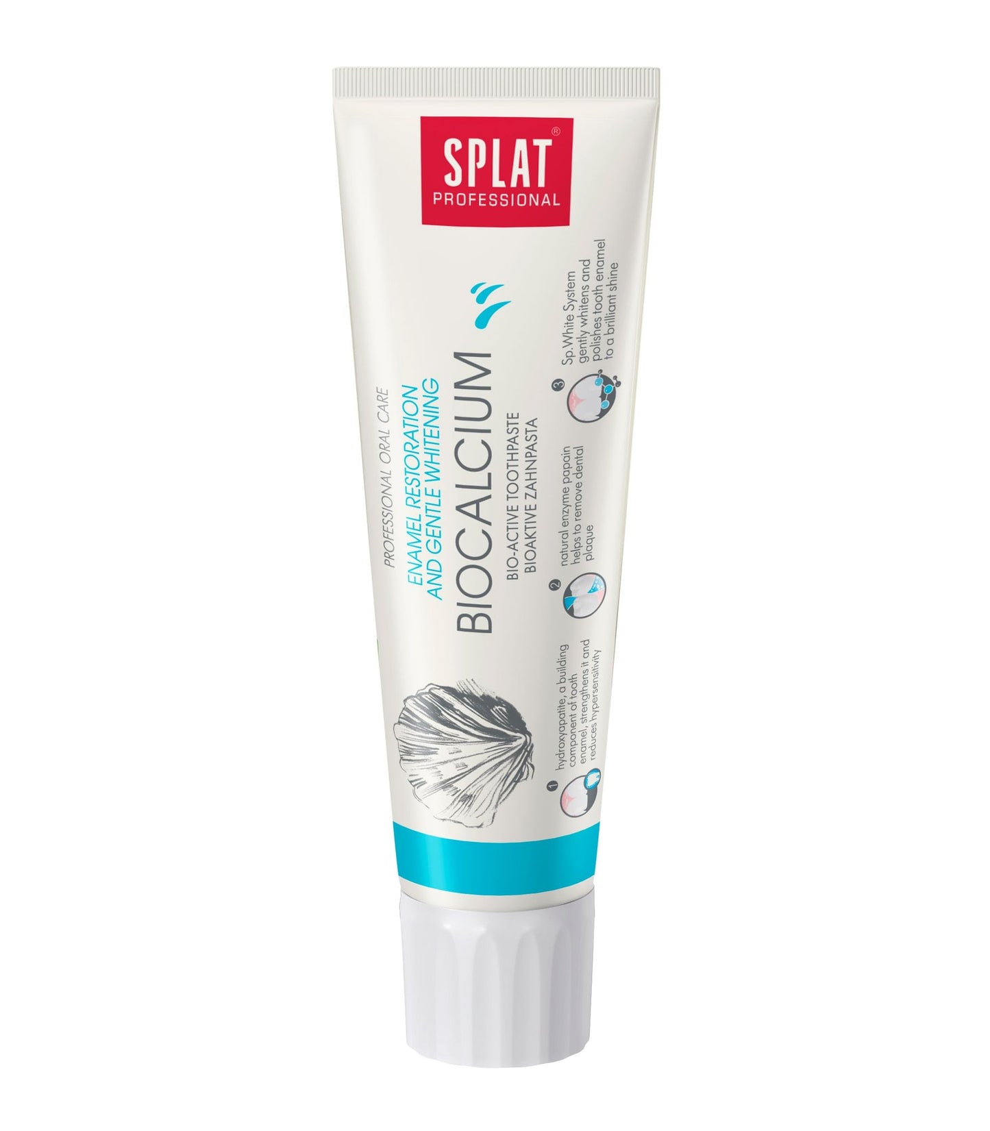 Valkoinen Splat Professional Biocalcium 100 ml -hammastahnatuubi turkoosilla korkilla