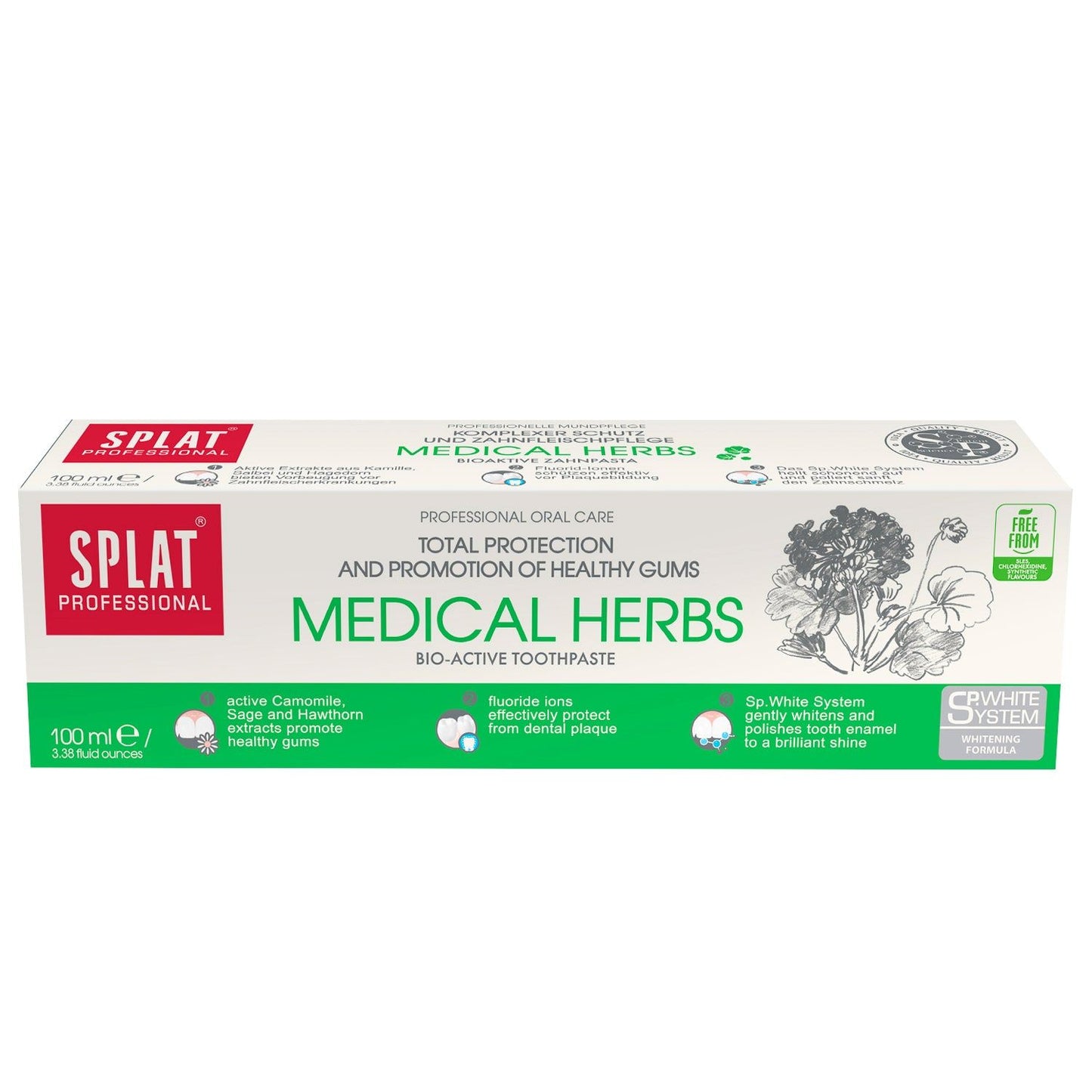 Splat Professional Medical Herbs -pakkauksen etupuoli: kokonaisvaltainen suoja ja ikenien hoito, 100 ml