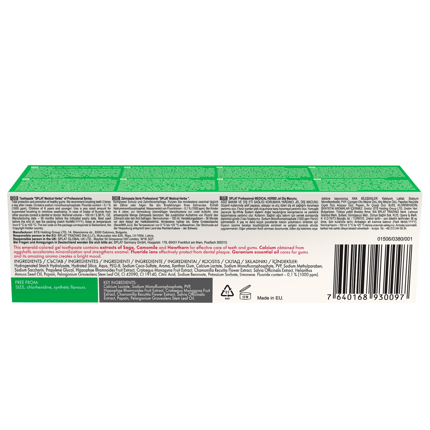 Splat Medical Herbs -pakkauksen takapuoli: ainesosat, fluoripitoisuus ja viivakoodi
