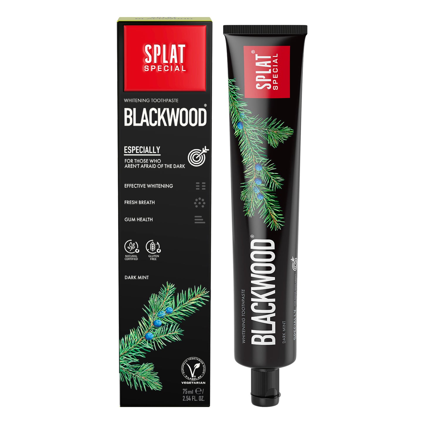 Splat Special Blackwood -hammastahnan musta tuubi ja myyntipakkaus katajanoksalla