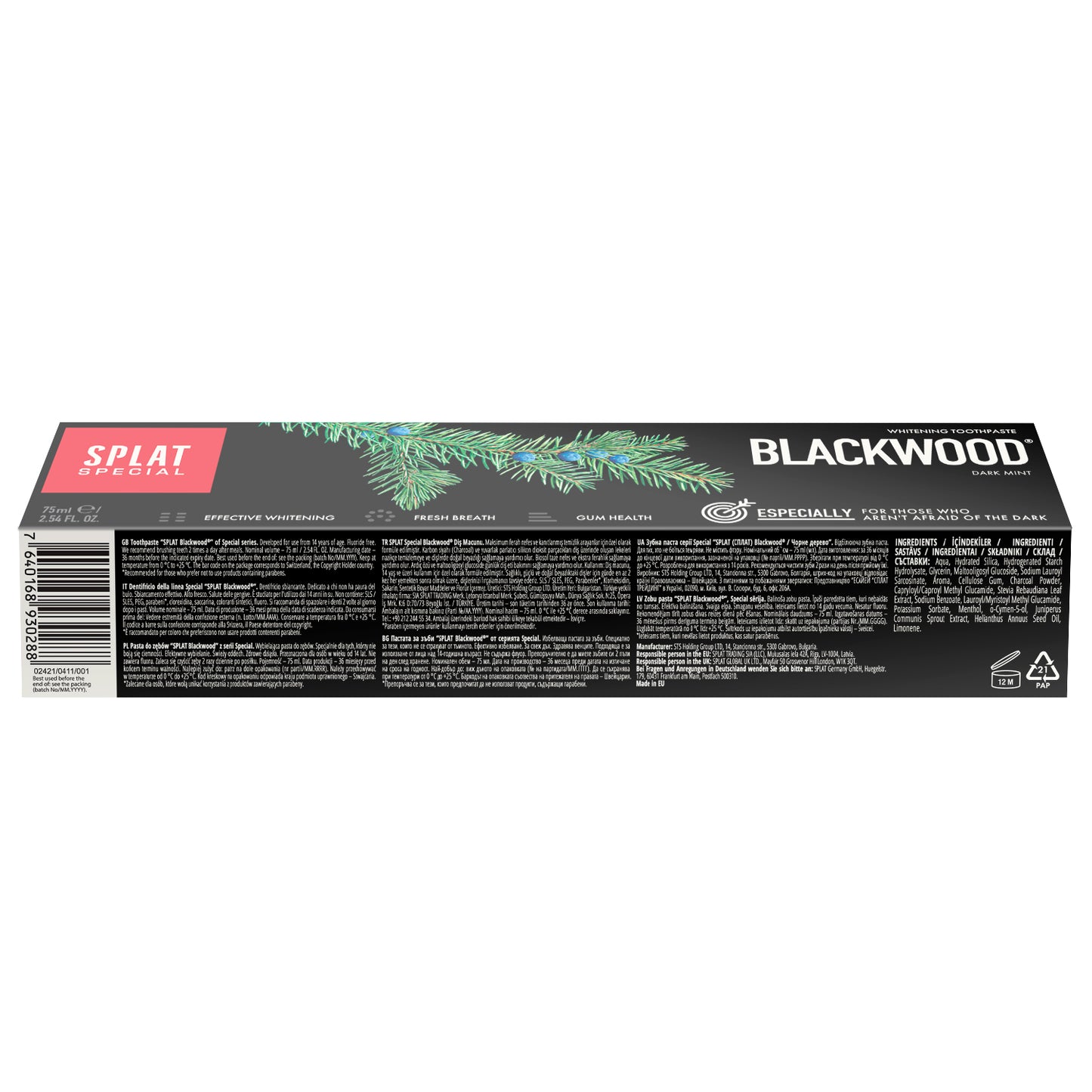 Splat Blackwood -pakkauksen takapuoli: ainesosat ja käyttöohjeet