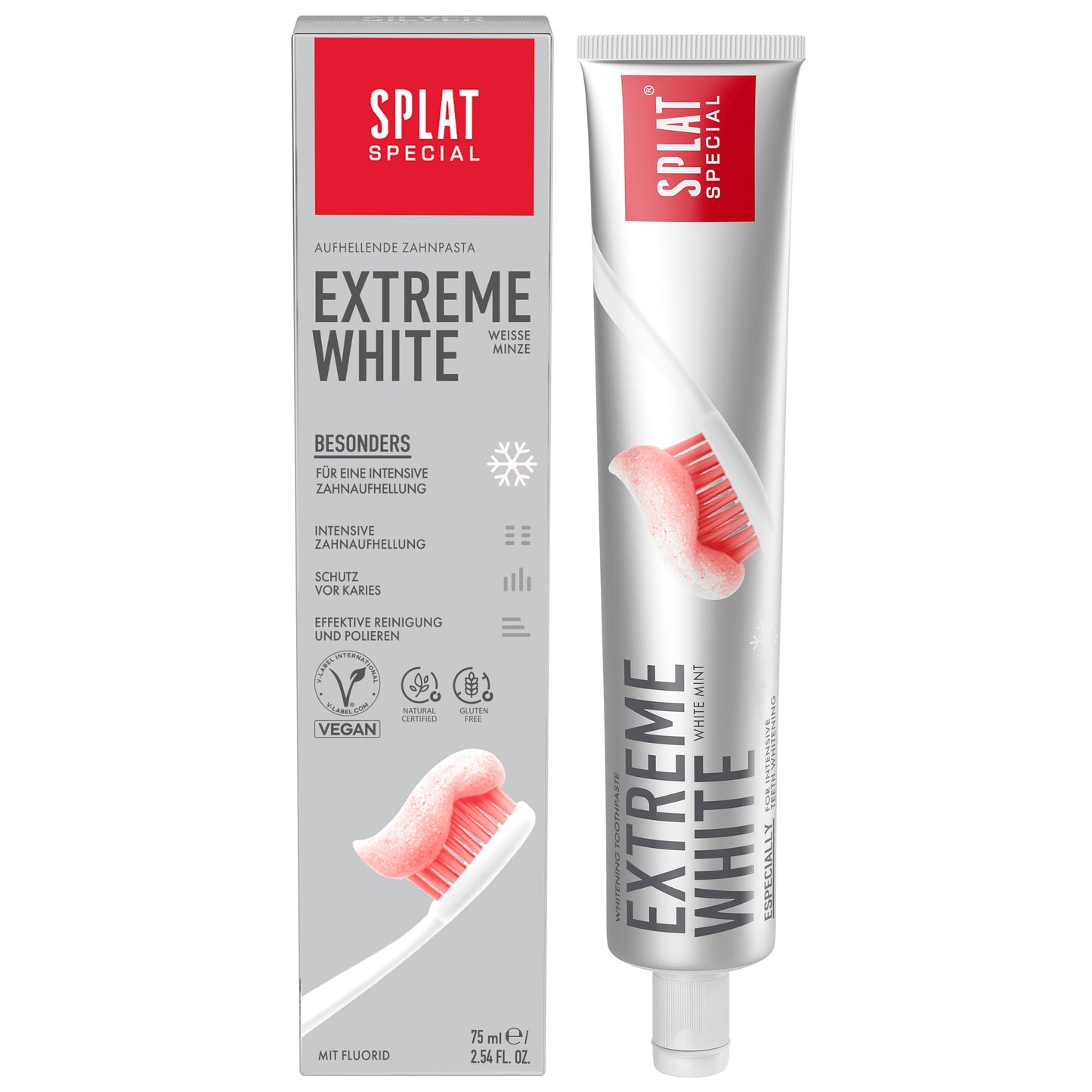 Splat Special Extreme White -hammastahnatuubi ja hopeanharmaa myyntipakkaus