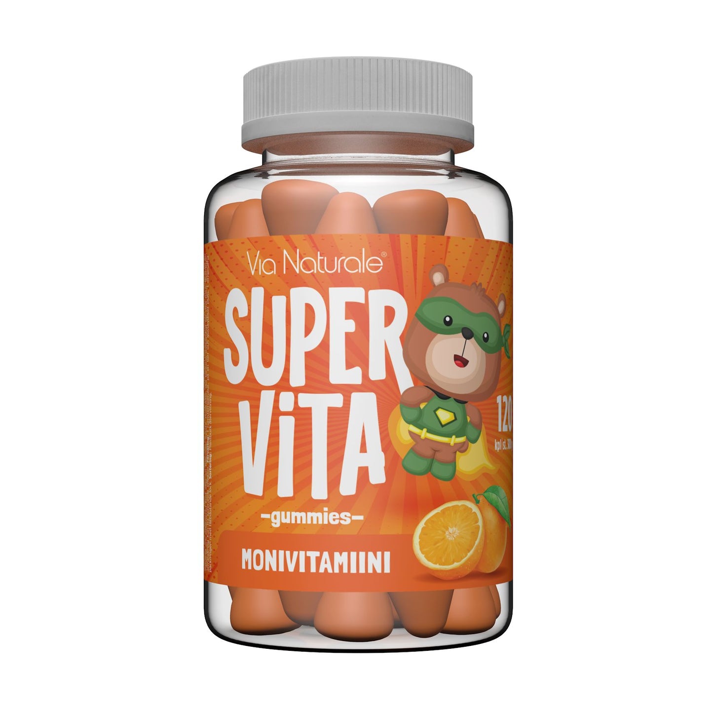 Via Naturale SuperVita monivitamiini gummies 120 kpl – appelsiininmakuinen pureskeltava vitamiinivalmiste lapsille ja aikuisille